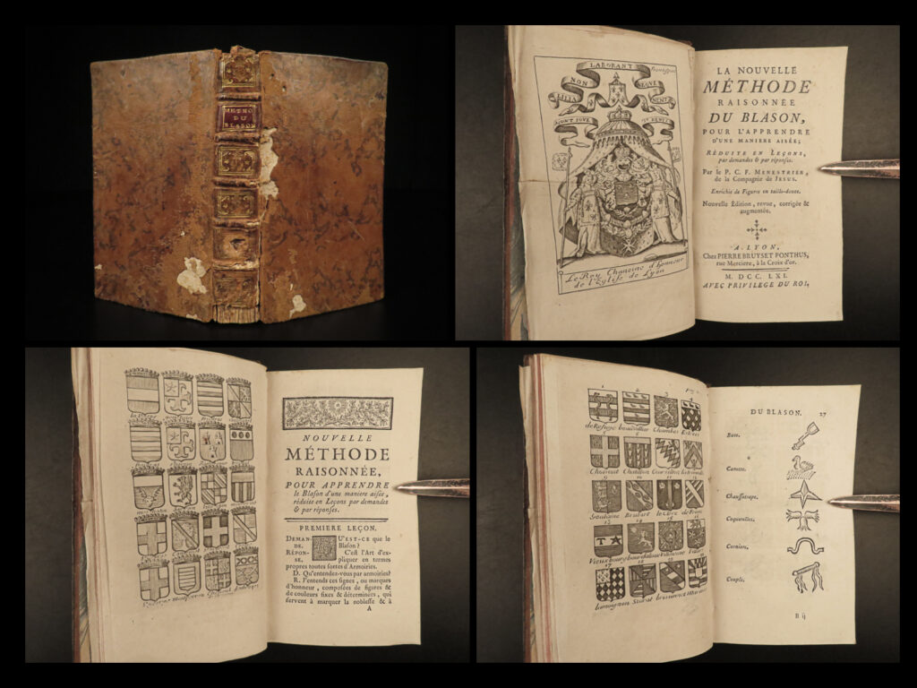 1761 heraldry & genealogy french menestrier coats arms armorial illustrated rare | claude-françois ménestrier was a 17<sup>th</sup>-century french jesuit philosopher known for his wide variety of written works. During his lifetime, he was the most widely known heraldist, much in part to his book ‘<em>methods of heraldic principles</em>’. He taught lectures on the science of heraldry and how it influenced noble coats of arms, the origins of coats of arms, and the meanings of the ornamentation on the designs. This book includes dozens of illustrations of french coats of arms and heraldic banners.