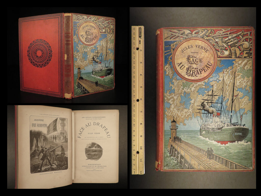 1896 jules verne 1ed facing the flag face drapeau extraordinary voyages hetzel | <em>“reality provides us with facts so romantic that imagination itself could add nothing to them. ” </em> <em>― </em>jules verne   jules verne published a number of lesser-known science fiction, adventure novels in addition to his high profile works such as ‘<em>twenty thousand leagues’</em> and ‘<em>around the world in 80 days’</em>. One such work was ‘<em>facing the flag’</em> – one of verne’s numerous books in which the world faced the threat of a weapon of mass destruction!   <em>note on dating</em>: like many other verne first editions, the title page included was issued in each edition, including later printings. The dating comes from the ads in the back of the book – note the ads in this volume advertise for the releases in the 1896-1897 print year, making this a true first edition of ‘<em>facing the flag’</em>!