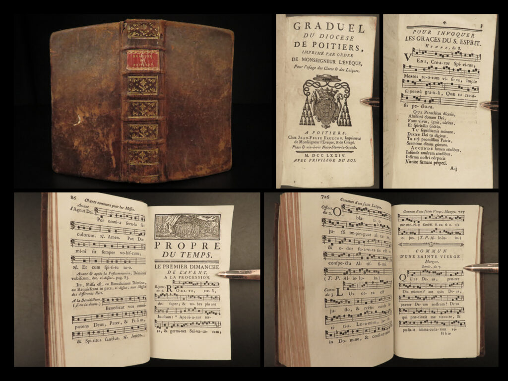 1774 catholic church gradual of poitiers france gregorian chant hymns music |   a rare, 18<sup>th</sup>-century latin gradual, catholic hymn book. This book was published for the diocese of poitiers, france intended to be used for both clerics and laymen. Published in 1774, this work contains hundreds of latin chant-like hymns each with square-note music and french titles.