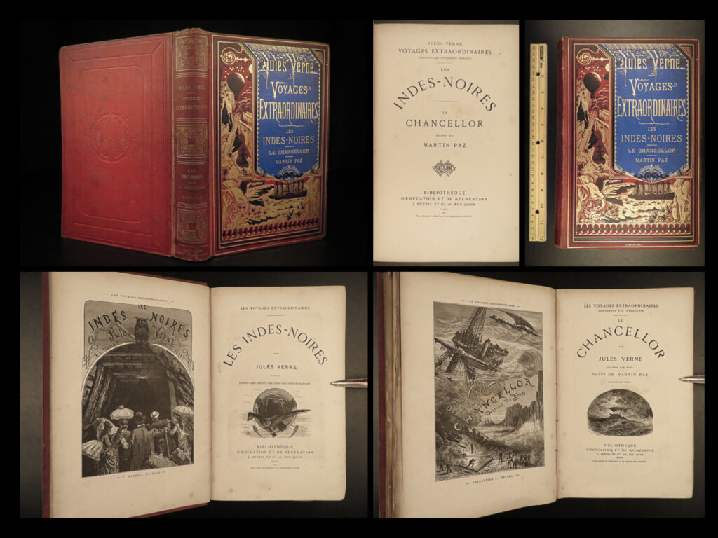 1876 1ed jules verne indes-noires + chancellor extraordinary voyages scifi 2in1 | <em> </em> <em>“in a very real sense, jules verne is one of the pioneers of the space age. ”</em> ― frank borman, <em>daytona beach morning journal, </em>1969. <em> </em> jules verne’s adventure novels are some of the most popular and famous works of literature of all time. Of course, he is best known for books such as <em>‘20,000 leagues under the sea</em>’, and ‘<em>around the world in 80 days</em>’, he also wrote lesser-known books like ‘<em>underground city’</em>.   this book, also known as ‘<em>the child of the cavern</em>’, is a story about the good fortunes that come from mining in scotland; however, verne opens up a world of mysteries and bizarre goblin encounters in the mine! This work is the 16<sup>th</sup> part of ‘<em>voyages extraordinaires</em>’, verne’s largest collection of fantasy novels and stories.   in addition to ‘les indes-noires’, this book contains verne’s ‘<em>wreck of the chancellor’</em> – the story of the final voyage of british sailing ship the chancellor, told from the perspective of the diary one of its passengers. At the beginning of its voyage, the chancellor carried eight passengers and twenty crew members, but tragically, by the end, only eleven people remained alive.