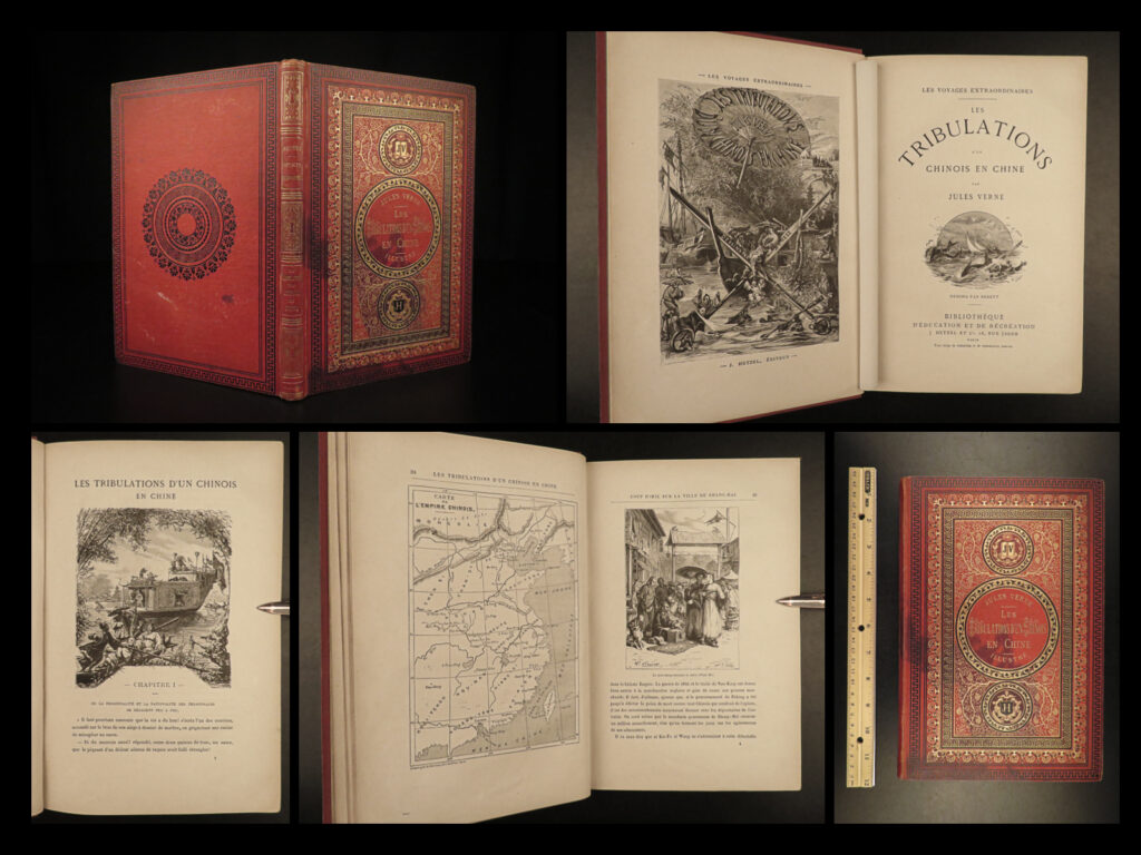 1879 jules verne 1ed tribulations of chinaman china opium extraordinary voyages |   <em>“in a very real sense, jules verne is one of the pioneers of the space age. ”</em> ― frank borman, <em>daytona beach morning journal, </em>1969. <em> </em> a rare first edition of jules verne’s “<em>tribulations of a chinaman in china</em>”. The first edition was published in 1879 and is part of verne’s famous “<em>extraordinary voyages</em>”. This book is similar in style to ‘<em>around the world in eighty days</em>’ but is known to be more humorous than his best-known novel. This book discusses, in a satirical view, the british trading opium in china and is filled with illustrations depicting adventures, shipwrecks, and sea battles. <em> </em> this first illustrated french edition was the first issue to include the ‘jv – jh’ initials on the front cover. Note that the 1879 first edition dating is found in the ads at the end, much like all early editions of verne.