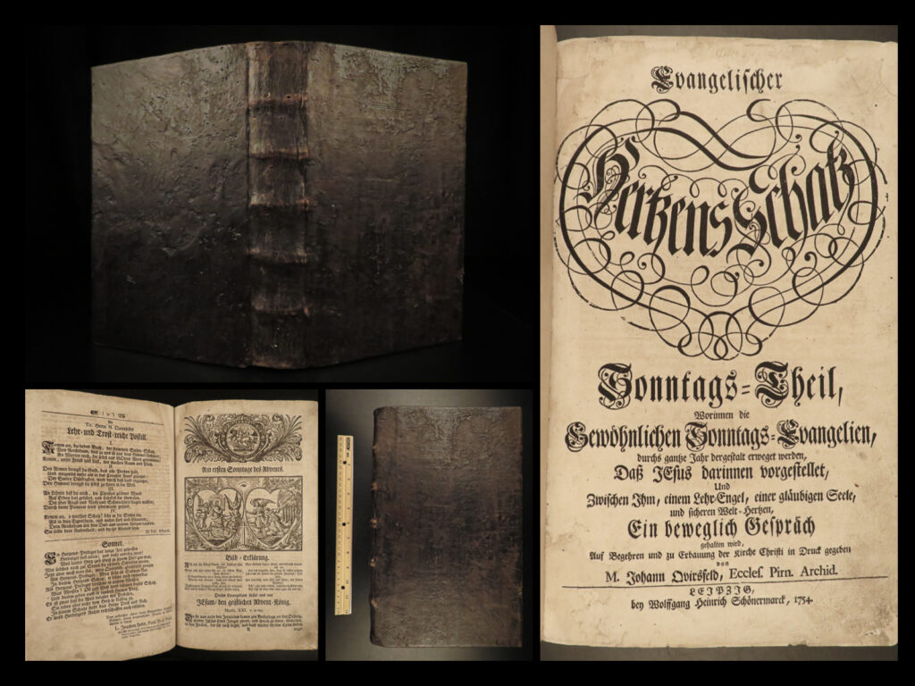 1754 lutheran bible woodcuts quirseld german reformation huge folio leipzig | johann quirsfeld was a 17<sup>th</sup>-century lutheran evangelist who wrote numerous devotionals and theological books. One such book was his “<em>evangelischer hertzens schatz</em>” – a work on teaching the gospel of jesus through each sunday of the liturgical year. In addition to the countless scripture references, this folio book features impressive woodcut engraved illustrations throughout.