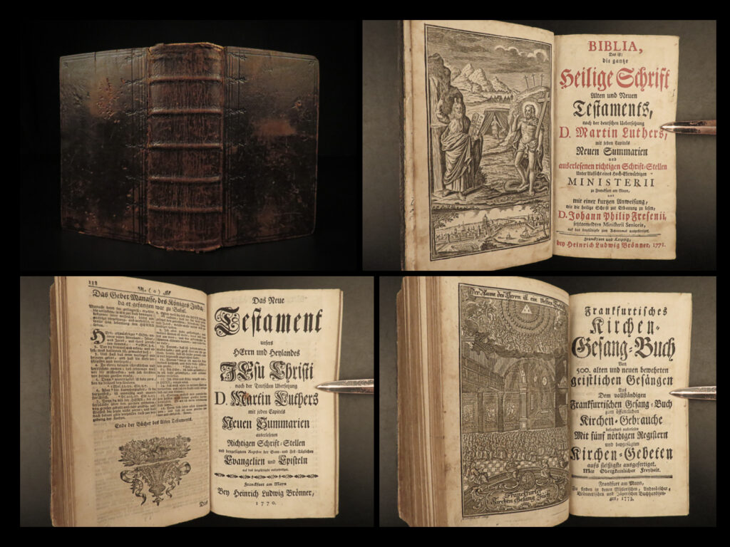 1771 martin luther bible german biblia apocrypha hymns schmidt kerstener family | a rare 18<sup>th</sup>-century martin luther german holy bible. Luther bibles have always maintained their popularity throughout the centuries both in german and non-german speaking areas, and this particular example is no exception. This edition was published in frankfurt and leipzig by heinrich bronner and contains the apocrypha as well as an extensive church song book at the end.
