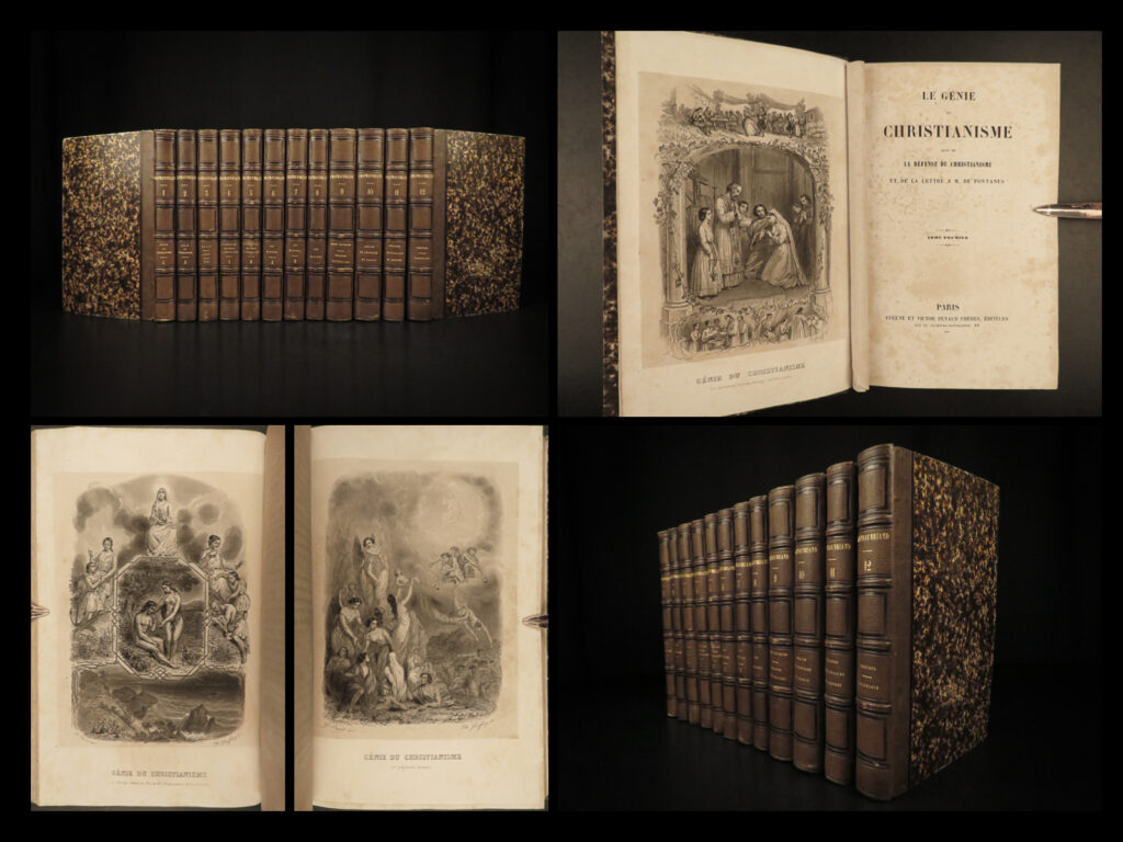 1850s chateaubriand atala native american indians natchez 12v set complete works | <em>“you are not superior just because you see the world in an odious light. ” </em> ― françois-rené de chateaubriand   <em>‘atala’ </em>is a short novel by french author françois-rené de chateaubriand, a work that was an important work of romanticism. It follows the story of travels and voyages in north america, encounters with cherokee indians, wilderness exploration, european missionaries in america, and themes of forbidden love.   this work, and numerous others, are included in this beautiful 19<sup>th</sup>-century, 12-volume set of the works of chateaubriand. Other notable works included in this set include: <ul> <li>“les martyrs”</li> <li>“the genius of christianity” – a classic defense of catholicism written during the french revolution at a time when the science and french enlightenment was influencing all aspects of life</li> <li>“les natchez” – an historical fiction account of the natchez people containing chateaubriand’s own views and experiences among the native american tribe. </li> </ul>  