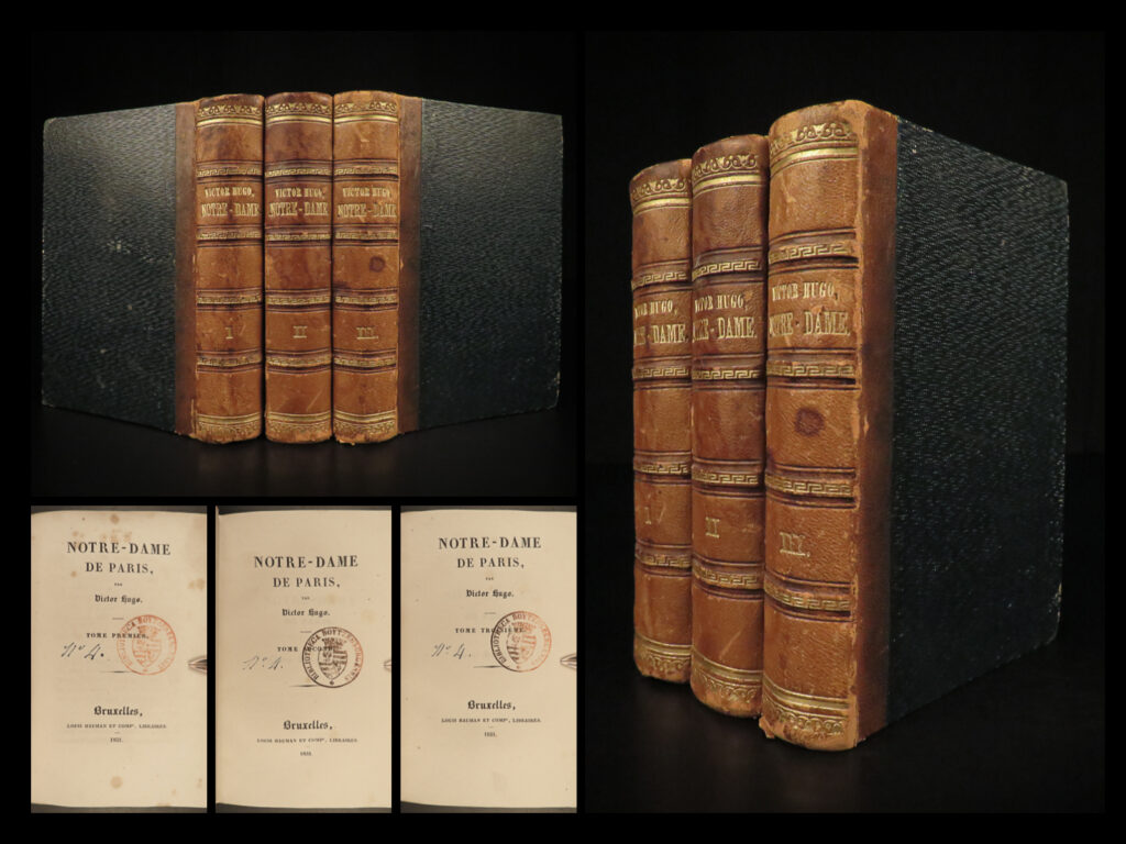 1831 victor hugo 1st ed hunchback of notre dame french lit brussels fine 3v set | <em>“nothing makes a man so adventurous as an empty pocket. ” </em> ― victor hugo,<em> the hunchback of notre dame</em> <em> </em> the best-known and oft-considered greatest french writer is unarguably victor hugo. His romance novels and stories have withstood the test of language and time. One of hugo’s most popular stories is ‘<em>the hunchback of notre dame</em>’; a tale of a gypsy who catches the hearts of men including a hunchback named quasimodo. This work has been transformed into dozens of stage, film, and television adaptations.   this 1831 three-volume edition was published the same year as the first edition. In fact, the popularity of ‘notre dame’ forced publishers to print many editions very quickly. This particular edition was printed by louis hauman in brussels as part of the complete works of hugo; however, this set is entirely complete in itself ending with the expected ‘<em>marriage of quasimodo’</em>.