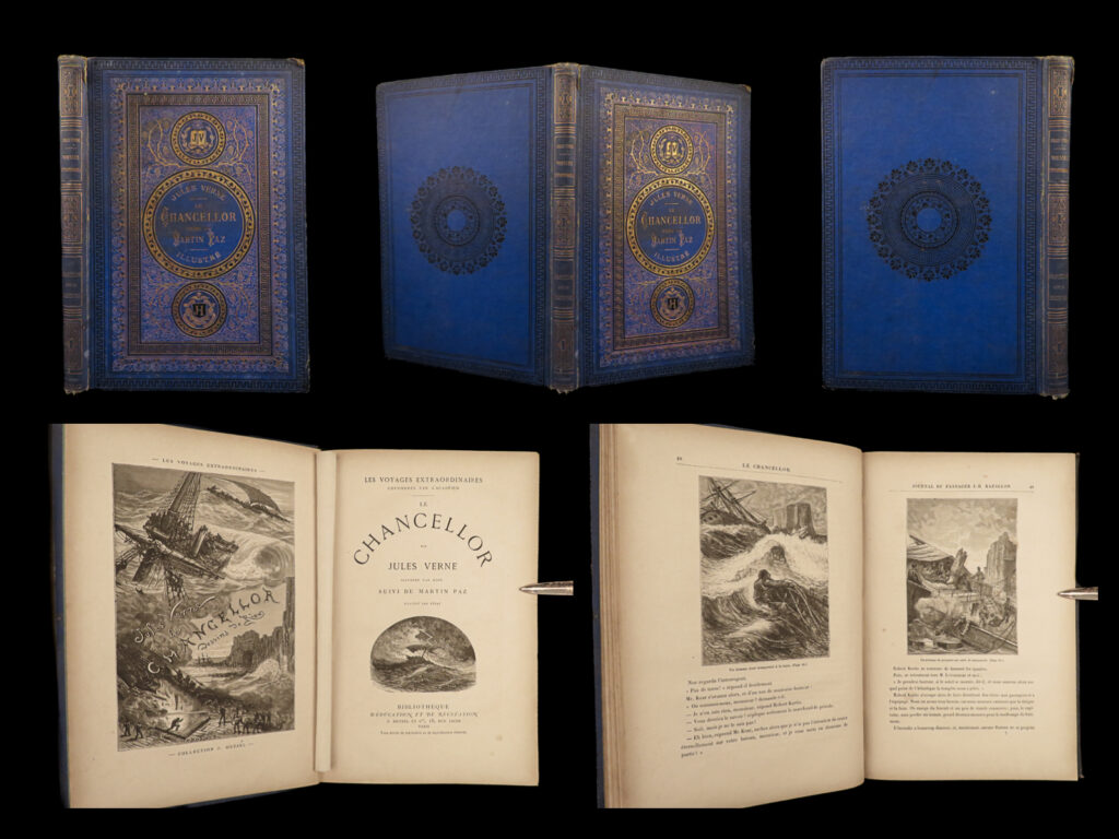 1875 jules verne 1ed wreck of the chancellor + martin paz french hetzel voyages | <em>“reality provides us with facts so romantic that imagination itself could add nothing to them. ” </em> <em>― </em>jules verne <em> </em> jules verne’s adventure novels are some of the most popular and famous works of literature of all time. Known mostly for his works of science fiction, ‘<em>voyages extraordinaires</em>’ was verne’s largest collection of fantasy novels and stories. Verne’s ‘<em>wreck of the chancellor</em>’ is the story of the final voyage of british sailing ship the chancellor, told from the perspective of the diary one of its passengers. At the beginning of its voyage, the chancellor carried eight passengers and twenty crew members, but tragically, by the end, only eleven people remained alive. <em> </em> this undated first hetzel edition was published alongside verne’s ‘<em>martin paz’</em>, a short story of jewish man promising his daughter to a catholic man in peru. This issue is the first issue to include the ‘jv – jh’ initials on the front cover. Note that the 1875 first edition dating is found in the ads at the end, much like all early editions of verne. <em> </em>