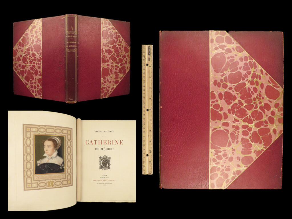 1899 1ed life of catherine medici france huguenots huge illustrated 257/1000 | “<em>love is a treacherous emotion. You will fare better without it. We medici always have. </em>” – catherine de medici   catherine de medici was an italian queen of france in the mid-16<sup>th</sup>-century. Her reign as french royalty is often remembered for her involvement in the st bartholomew’s day massacre in which thousands of huguenots were killed throughout france. During the 16<sup>th</sup>-century, there was perhaps no other more powerful woman in all of europe.   author henri bouchot published an incredible 19<sup>th</sup>-century account of catherine de medici filled with absolutely stunning full-page engravings. <strong>this 1899 example is numbered no. 257 of 1000, bound in stunning red leather with marbled boards and gold-gilt spine. </strong>
