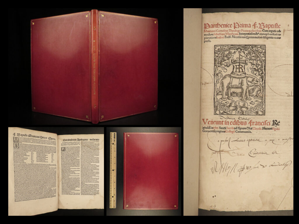 1514 rare parthenice mariana carmelite mantuanus hagiography badius p. Incunable | baptista mantuanus was a carmelite poet whose 15<sup>th</sup>-century works were influential during the protestant reformation. Perhaps the most influential of his works was ‘<em>parthenice mariana’</em> – a collection of hagiographic poems each of which honored the lives church fathers, catholic saints and theologians, classical writers and philosophers, mythical heroes, and iconic biblical figures. Notable names include: <ul> <li>the virgin mary</li> <li>catherine of alexandria</li> <li>hippolytus of rome</li> <li>euripides</li> <li>jesus christ</li> <li>hercules</li> <li>hesiod</li> <li>polybius</li> <li>and many more (see photos of the table for a complete list of contents)</li> </ul> <strong>these poems would become the basis for a new style of writing – the epic poem on religious subjects which heavily influenced erasmus and john milton. </strong>   this incredibly rare 1514, post-incunable printing of mantuanus’s “<em>parthenice</em>” features two sets of commentary – one from sebastian murrho and the other of josse badius. Note that the printed font differentiates between the three sets of writing – a technique very rare to this era of printing.  
