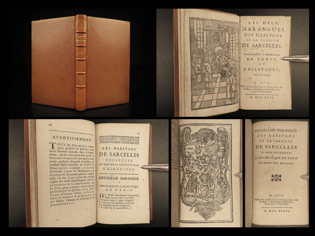 1731 1ed anti jesuit harangues jansenism sarcellades unigenitus nicolas jouin | nicolas jouin was a french jansenist known for his satirical poems most of which were written with anti-jesuit themes. One of his greatest works, perhaps his most noteworthy, was a collection of poetic speeches or ‘harangues’ written in response to the archbishop of paris suspending the parish priest of sarcelles for refusing the unigenitus bull in 1729. These 8 harangues were written with the sole purpose of attacking the jesuits and decrying the unigentius bull (which condemned jansenism); however, they have since become the origin for a new literary genre, the sarcellades – a political or religious satire written in a low-class vernacular or ‘patois’.  