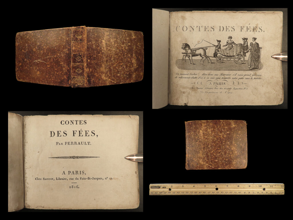 1816 fairy tales illustrated cinderella puss boots french art charles perrault | <em>“a dream is a wish your heart makes. ” </em> <em>― </em>charles perrault<em>, cinderella</em> <em> </em> charles perrault was a 17<sup>th</sup>-century french author who is most-remembered for his fairy tales. When “<em>les contes</em>” was first written it was quite ahead of its time and his writing helped lay the groundwork for a new literary genre that would become very popular throughout europe of the next century. Many of his fairy tales include stories that are still popular today such as little red riding hood, cinderella, puss in boots, and sleeping beauty.   this 1816 is a fine, 19<sup>th</sup>-century printing that includes charming illustrations throughout.