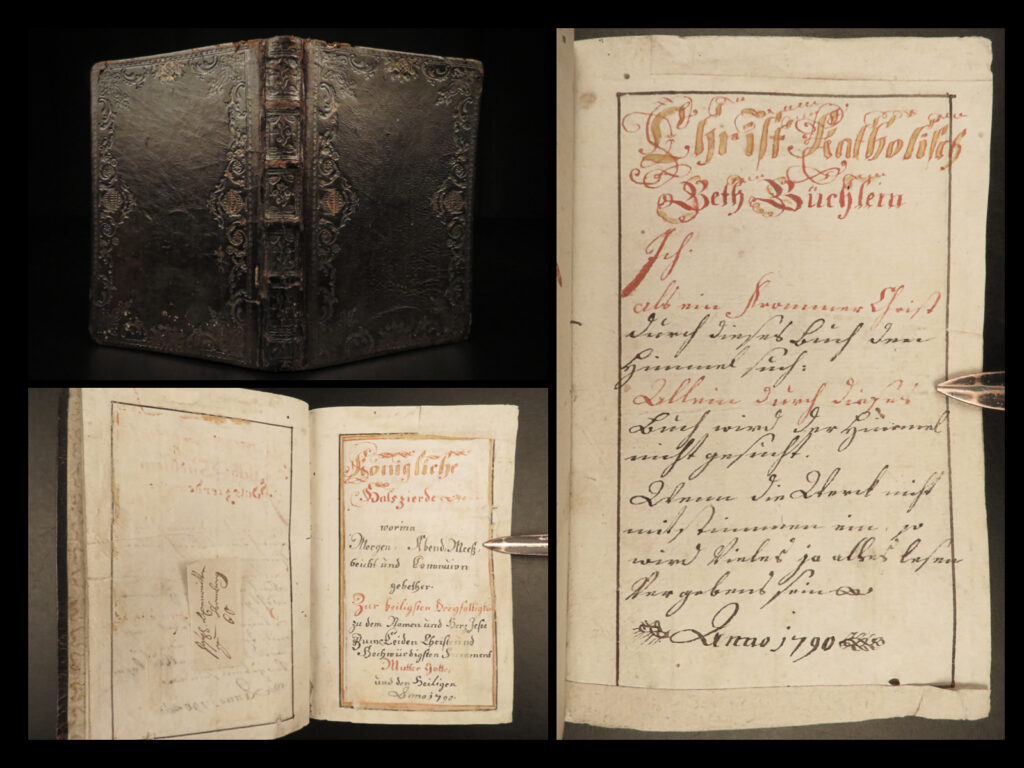 1790 handwritten german bible manuscript prayer devotion konigliche fraktur art | a rare, 18<sup>th</sup>-century handwritten german manuscript. This small book, written in 1790, is a catholic devotional and prayer book, with sections dedicated to prayers for morning and evening, prayers to mary and joseph and the apostles, and meditations for taking of the sacraments and on holy days. While the contents are important, the beautiful, hand-drawn color borders and endpapers, along with the beautiful penmanship make this book a fine work!