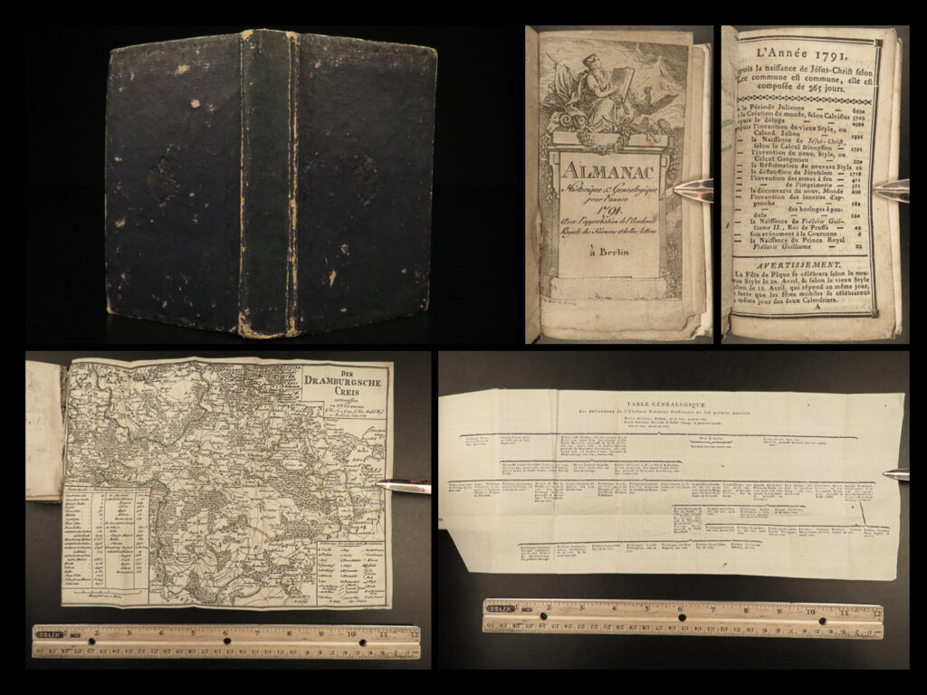 1791 1ed almanach genealogique prussia history frederick ii illustrated germany | the ‘<em>almanach généalogique’</em> was an 18<sup>th</sup>-century french periodical almanac published in berlin complete with, as could be expected, phases of the moon for the year, calendars and notable days of each month, times of the sun, eclipses, and much more. However, what sets this almanac apart from others from this era is the inclusion of fine, full-page portraits of various european royals. This 1791 edition contains portraits of some of the following: <ul> <li>frederic ii the great, king of prussia</li> <li>elizabeth christine, of prussia</li> <li>frederick william i of prussia</li> <li>sophie dorothee of prussia</li> <li>frederick ii’s brothers and sisters, princes and princesses of prussia</li> </ul>   it also features an lengthy history of prussia and the prussian empire focusing on the years 1412 through 1640 complete with illustrated scenes of political events.  