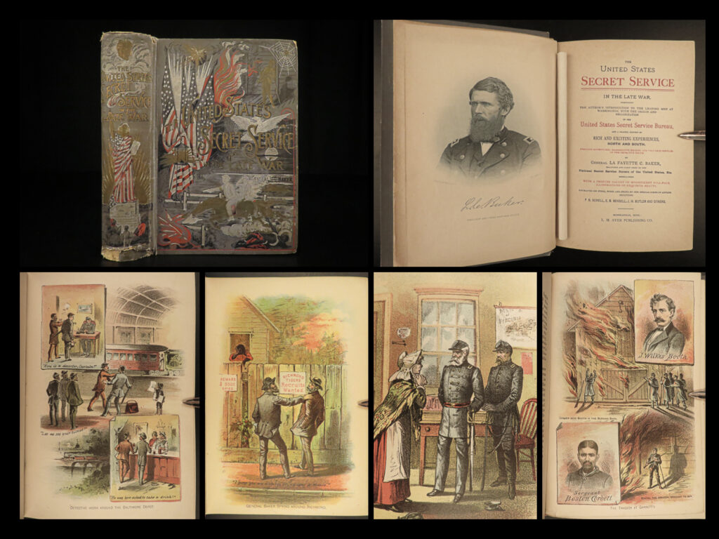 1889 civil war secret service wilkes booth lincoln assassination baker military | a beautiful, decorative first edition of the history of “<em>the united states secret service</em>. ” this book, by general la fayette baker, deals with the interactions in the american government as well as baker’s views on the role slavery played in the civil war. Other important events discussed include wilson’s raid, abraham lincoln speeches, organization of the first district cavalry, role of women in the civil war and more.   the most interesting chapter, however, is the chapter on famous assassinations throughout history including: <ul> <li>eglon, king of moab</li> <li>julius caesar</li> <li>james i of england</li> <li>marat, the french revolution leader</li> <li>alexander of russia</li> <li>abraham lincoln</li> </ul>   the portion on abraham lincoln features an engraving of john wilkes booth, lincoln’s assassin, being killed in a tobacco barn by richard garrett. Other engravings relating to booth include him crossing the potomac and his secret burial. This book also settled many disputes that arose during the civil war.