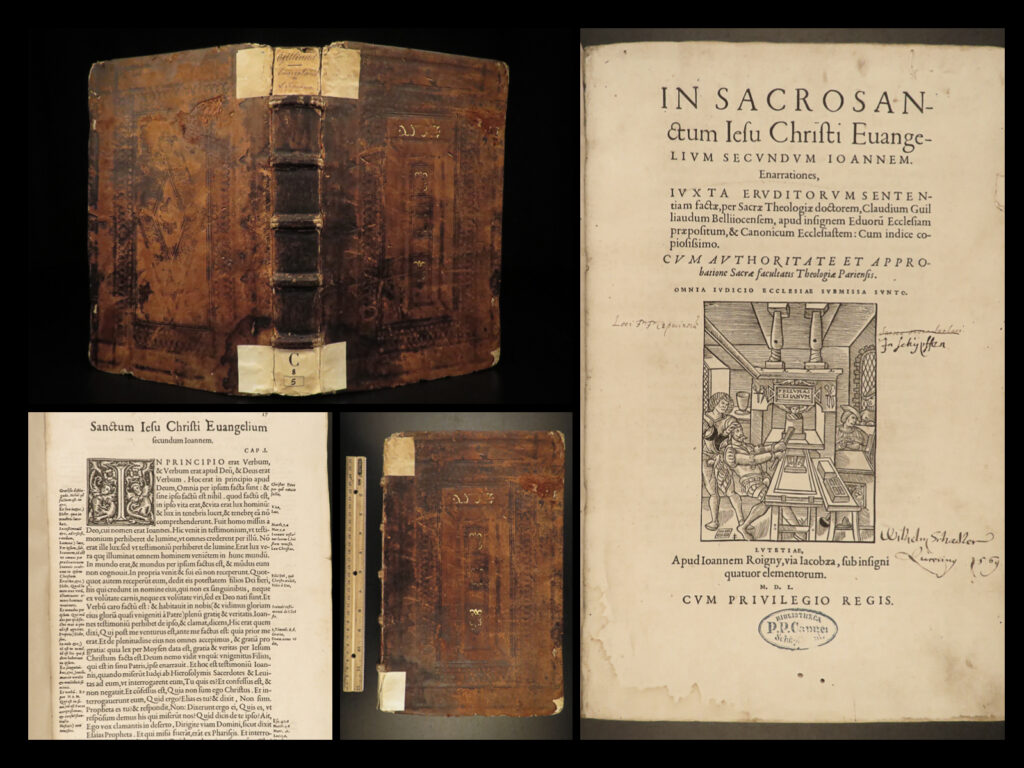 1550 claude guilliaud bible commentary gospel of john folio french huguenot era | claude guilliaud was a 16<sup>th</sup>-century french theologian known for his bible commentaries and sermons preached against heresy. His works were not seen as favorable by the catholic church and <strong>many of his works were placed on the prohibited books index until he agreed to revise them (farge). </strong> the first work to avoid being banned was his ‘<em>ennarationes in evangelium johanni’</em> – an annotated edition of the gospel of john with commentary.   this impressive folio edition was published in 1550 in lutetiae, paris, bound in original 16<sup>th</sup>-century leather.