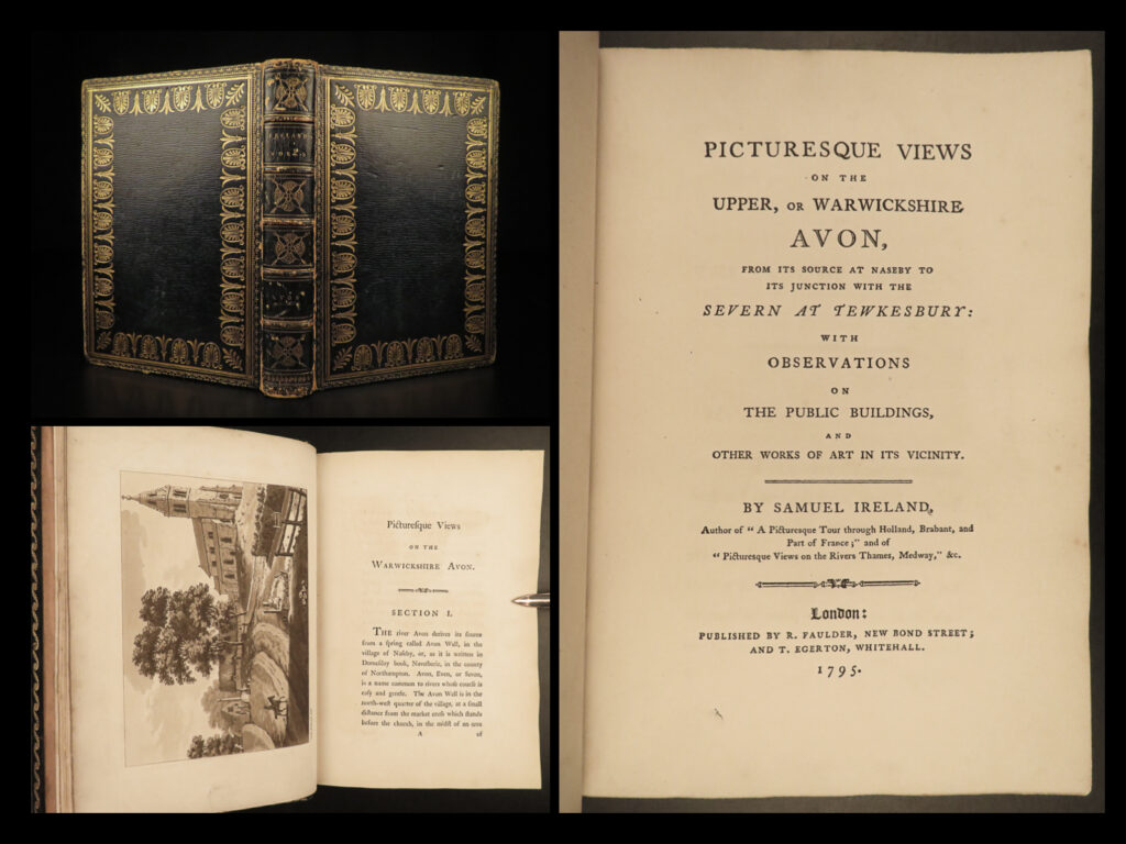 1795 1ed warwickshire river avon england illustrated castles picturesque views | samuel ireland was an 18<sup>th</sup>-century english author whose “<em>picturesque views</em>” books were some of the most desirable and impressive illustrated works of the era. Ireland, known for his engravings, published numerous volumes in his ‘picturesque’ series focusing on london, holland, the brabant, france, river medway environs, and westminster. But perhaps his best volume was ‘<em>on warwickshire avon’</em>.   first published in 1795, ‘<em>picturesque views on warwickshire avon</em>’ was the first work dedicated solely to illustrating the environs of the river avon and the small village of naseby. The 32 engravings depict quaint scenes, bridges, landscapes, castles, mansions, cathedrals, and portraits of famous figures.