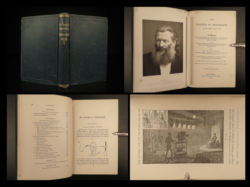 1883 1ed progress of photography cameras lights illustrated pre hollywood movies | hermann vogel’s “<em>progress of photography</em>” is a rare, 19<sup>th</sup>-century history of early photography. This book contains direction on the behavior of light and its effects of photography, as well as how to use cameras, tripods, and changing-boxes. This fine first edition contains impressive illustrations throughout depicting the inventions and technological upgrades to the camera.