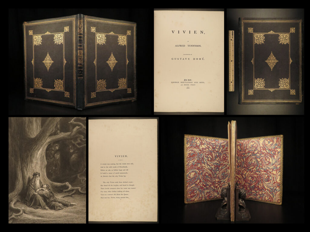 1868 exquisite vivien alfred tennyson gustave dore idylls of the king arthur art | vivien was one of the preeminent characters in arthurian legend, alongside figures such as elaine, enid, guinevere, sir lancelot, merlin, and king arthur himself. She most prominently appears in thomas malory’s “<em>death of arthur</em>” but also appears in alfred tennyson’s “<em>idylls of the king</em>”.   this 1868 edition of tennyson’s portrayal of vivien was published by george routledge and includes the highly desirable artwork of gustave dore.