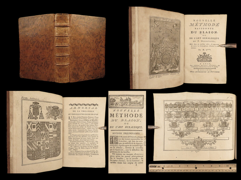 1780 heraldry & genealogy french menestrier coats arms armorial illustrated rare | claude-françois ménestrier was a 17<sup>th</sup>-century french jesuit philosopher known for his wide variety of written works. During his lifetime, he was the most widely known heraldist, much in part to his book ‘<em>methods of heraldic principles</em>’. He taught lectures on the science of heraldry and how it influenced noble coats of arms, the origins of coats of arms, and the meanings of the ornamentation on the designs. This book includes dozens of illustrations of french coats of arms and heraldic banners.