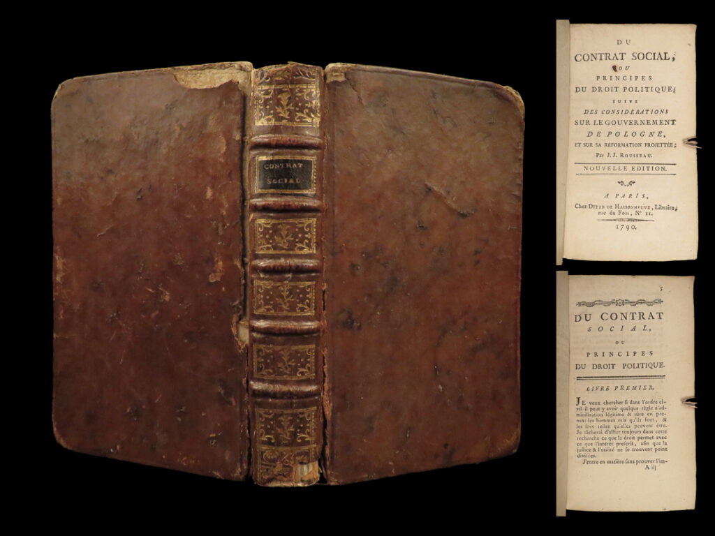 1790 rousseau social contract political philosophy french revolution paris rare | <em>“there is peace in dungeons, but is that enough to make dungeons desirable? ”</em> ― jean-jacques rousseau<em>, the social contract</em> <em> </em> <em>“the social contract” </em>by jean-jacques rousseau is one of the most important works on political science: social norms and the legitimate authority of politics and law. Rousseau concludes a portion of this work with the quote “force does not create right, reminding the reader that being able to coerce someone does not legitimize power.   this work helped inspire and create political reforms in europe, particularly france. Rousseau argued for democracy in lieu of a more oppressive aristocracy or monarchy.   this 1790 edition was published in paris by maisonneuve.  