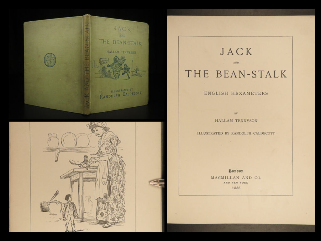 1886 1ed jack and the beanstalk tennyson caldecott illustrated fairy tales kids | a rare first edition of the final work by esteemed 19<sup>th</sup>-century illustrator, randolph caldecott, ‘<em>jack and the bean-stalk</em>. ’ this delightful pictorial retelling of the famous english fairy tale was written by hallam tennyson and published in 1886. Nearly complete caldecott would pass before completing his work for this book. Despite being unfinished, in memoriam for caldecott, the publisher elected to utilize his 30 charming sketches in their “incomplete” state. A timeless tale accompanied by timeless art. A must-own for any collector of children’s tales.