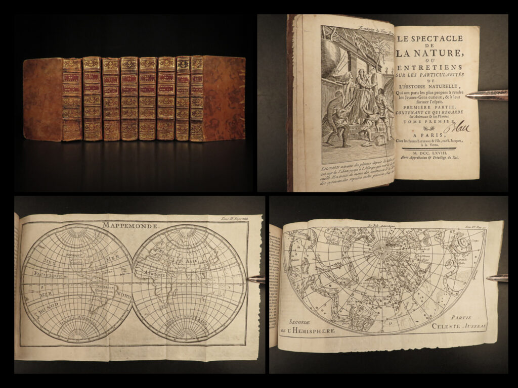 1768 astronomy galileo botany illustrated navigation optics 8v pluche spectacle | noël-antoine pluche was an early 18<sup>th</sup>-century french priest and historian who is most remembered today for his landmark work of natural history ‘<em>spectacle of nature’</em>. While this work would have significant influence on botanists and naturalists, pluche designed the work to be for the general population, not of scientific merit. There was a time when pluche himself called it ‘<em>la physique des enfants’ </em>or ‘physics of the children’. The main themes portrayed in this work are not simply of the physical, natural world. Take for instance the first volume – pluche writes, “we are here only to be virtuous” – a moral vision on how we are to live. ‘<em>spectacle’</em> became a pragmatic work of theology through the lens of plants, animals, and the natural world.   the volumes themselves contain numerous full-page and folding engravings – views of animals and plants, astronomy and navigational tools, science experiments, machines, and much, much more.