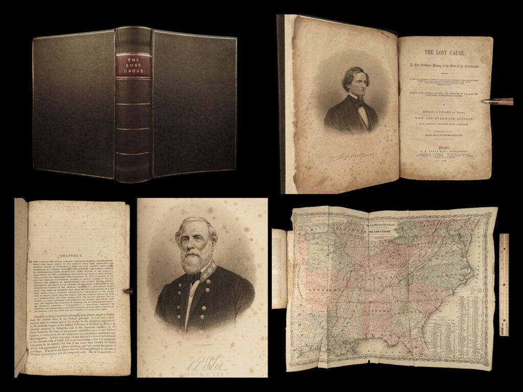 1868 the lost cause pollard map confederate civil war white supremacy slavery | edward pollard was a notable american writer on the civil war whose works, predominantly, covered the history of the american south. He wrote about slavery, the rise of ku klux klan, the life of president jefferson davis, as well as an impressive account of the rise and fall of the confederacy. <em> </em> the latter, titled ‘<em>the lost cause’</em>, was pollard’s most famous work, though not necessarily because of its popularity. ‘<em>the lost cause</em>’ gained its fame for pollard’s advocating for white supremacy and the relegation of blacks to a second-class status. Pollard supported the notion that slavery was the key to a confederate way of life and nobility. According to gallagher & nolan, this book was likely “the <strong><u>first book that set forth the confederate case against the generalship of ulysses s. Grant</u></strong>. ” <em> </em> this 1868 subscription-only edition is illustrated with portrait engravings of notable csa leaders including jefferson davis, robert e lee, and stonewall jackson, <strong>as well as a folding color map. </strong>