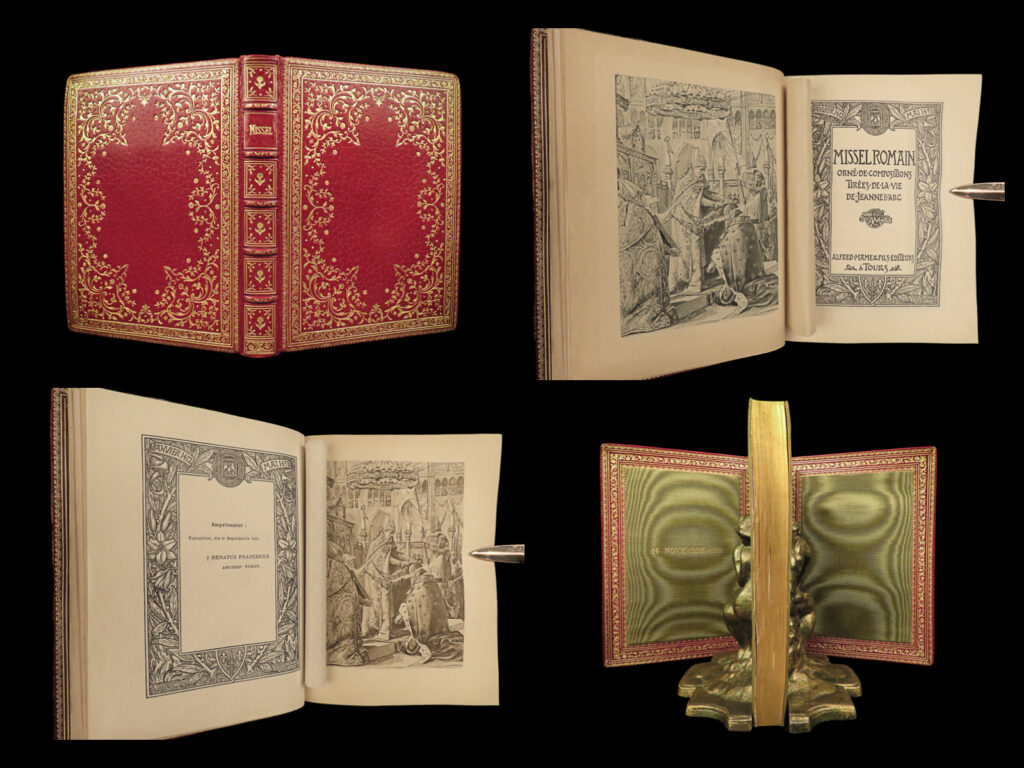 1920 exquisite joan of arc art roman missal fine binding illustrated catholic | an exceedingly rare and unique early 20<sup>th</sup>-century roman missal. While missals from this and all eras aren’t all together rare, this particular issue is perhaps one of the rarest. Published in 1920 in tours by mame, this small but stunning edition contains not only the expected liturgical prayers but has full-page portraits of the life and exploits of joan of arc, a rather curious pairing. Each page of this book features an illustrated border all bound in a beautiful, gold-gilt moroccan leather binding! <strong><u>gorgeous</u></strong>!
