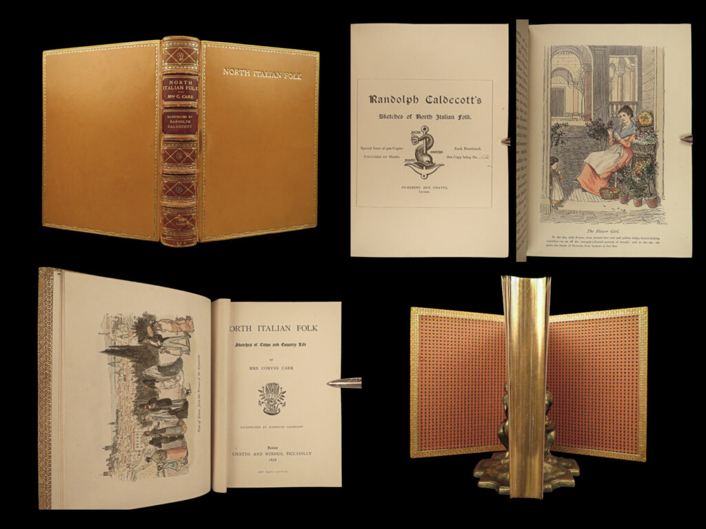 1878 italian folk 1st limited ed randolph caldecott riviera apennines carr italy |   a rare first edition, limited printing of alice vansittart strettel carr’s historical biographic narrative, ‘<em>north italian folk</em>. ’ written under the pseudonym, “mrs. Comyns carr,” the author provides a delightful collection of biographical sketches regarding the daily lives of the commonfolk living in northern italy. The charming contents are accompanied by 28 black and white engravings courtesy of the esteemed artist, randolph caldecott.   <strong>this limited-edition printing is numbered 112 of 400! </strong>