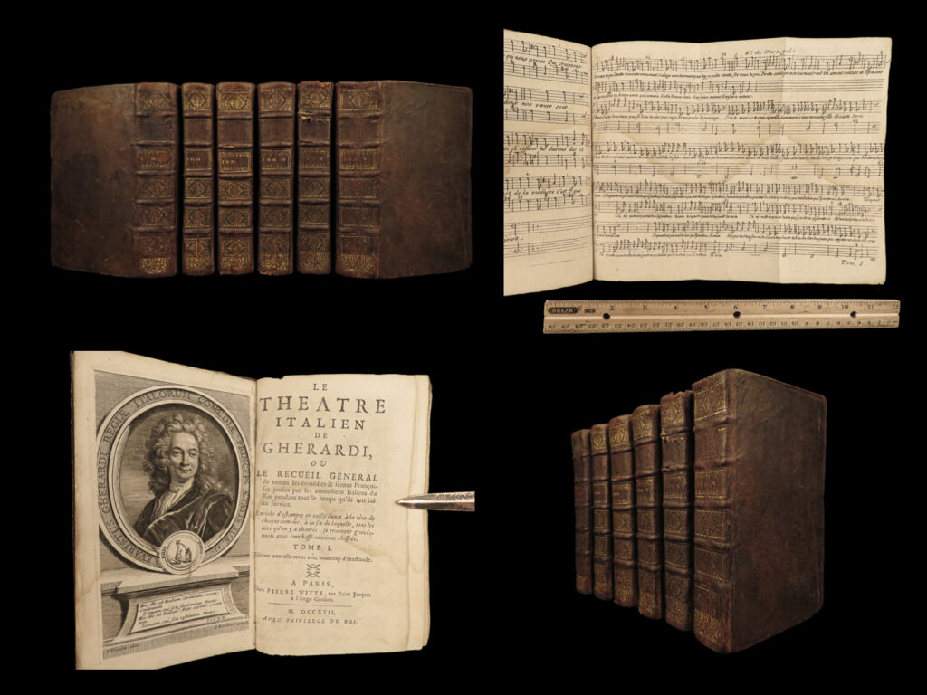 1717 gherardi italian theater & operas french plays commedia dell’arte burlesque | evaristo gherardi was a 17<sup>th</sup>-century italian actor who is best known for his acting and playwright career in france in the 1670s. He edited and collected several scenes from various plays from italian theater which were performed in french – most of which are from the commedia dell’arte. Note the numerous engravings in each volume of this 1717 edition. <em> </em>