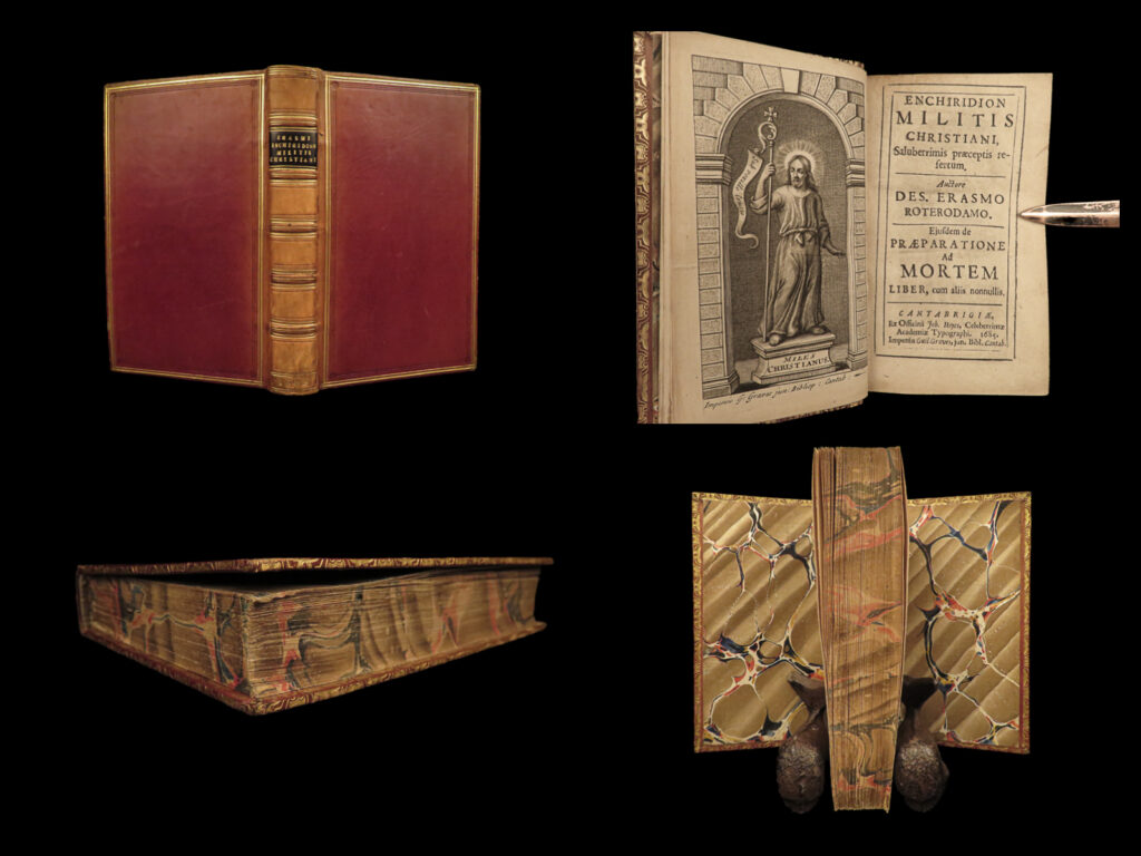 1685 1ed erasmus of rotterdam enchiridion militis christian knight soldier wars | <em>“when i have a little money, i buy books; and if i have any left, i buy food and clothes. ”</em> ― erasmus   while best known for his ‘<em>in praise of folly’</em> and ‘<em>colloquies’</em>, desiderius erasmus wrote other important works including his book “<em>enchiridion militis christiani</em>”. More commonly known as ‘handbook of the christian knight’, this book is a guidebook for christians on how to live a christian life, rather than just going through the practices and appearing to be living for christ.   this 1685 edition was published by john hayes in cambridge, a fine latin printing of a famous work of erasmus philosophy and theology.