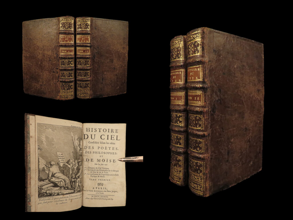 1739 1ed astrology cosmogony occult pagan egyptian mythology illustrated pluche | <em>‘the history of the sky’ </em>by noel antoine pluche, is one of the most important and well-known treatises on astronomy and cosmology. This rare edition, published by estienne, is illustrated with 25 full-page engravings by j. P. Le bas. These images depict mythological beings and creatures, sculptures and art of ancient egyptian gods, and other important historical esoteric and pagan symbols.   in this work, pluche “restated his opposition to the cosmologies proposed by physicists. He also attempted to demonstrate that monotheism preceded polytheism. ” (dsb).