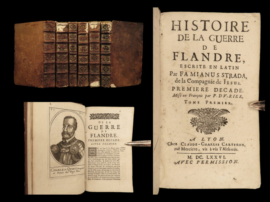 1676 1ed eighty years war flanders spain dutch independence strada netherlands | famiano strada, a jesuit professor of rhetoric, is chiefly remembered for his famous account of the dutch war. And while <em>‘de bello belgico</em>’ was strada’s most famous work, he did publish an important book on the history of the eighty years’ war in which he discussed spanish rule over the netherlands. Curiously, strada took a pro-spain approach, angering dutch readers, but his intention was to call the supporters of william of orange to action.   this impressive 1676 six-volume printing of strada’s “<em>history of the flanders war</em>” (i. E. Eighty years war) was published in lyon by carteron, which according to the oclc, is a very rare and obscure printing.  