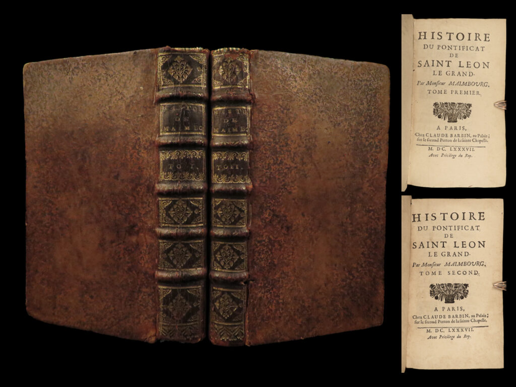 1687 pope leo i the great history catholic church pelagians maimbourg armorial | an important biographical history of pope leo i the great by louis maimbourg. Few 17<sup>th</sup>-century compilations on early popes exist, and, unfortunately, this account on early catholicism is known to be untrustworthy. Maimbourg was a jesuit historian whose main works were on iconoclastic controversies and arianism. Pope leo i was called the most important people in the church’s history by benedict xvi, mostly due to his issuing the tome of leo, a writing that would become the foundation for various ecumenical councils.   important contents include leo’s defense of calvinistic theologies, leo’s correspondence with venice and naples, communion with pelagians, his attitude against the priscillianists, and much more!  