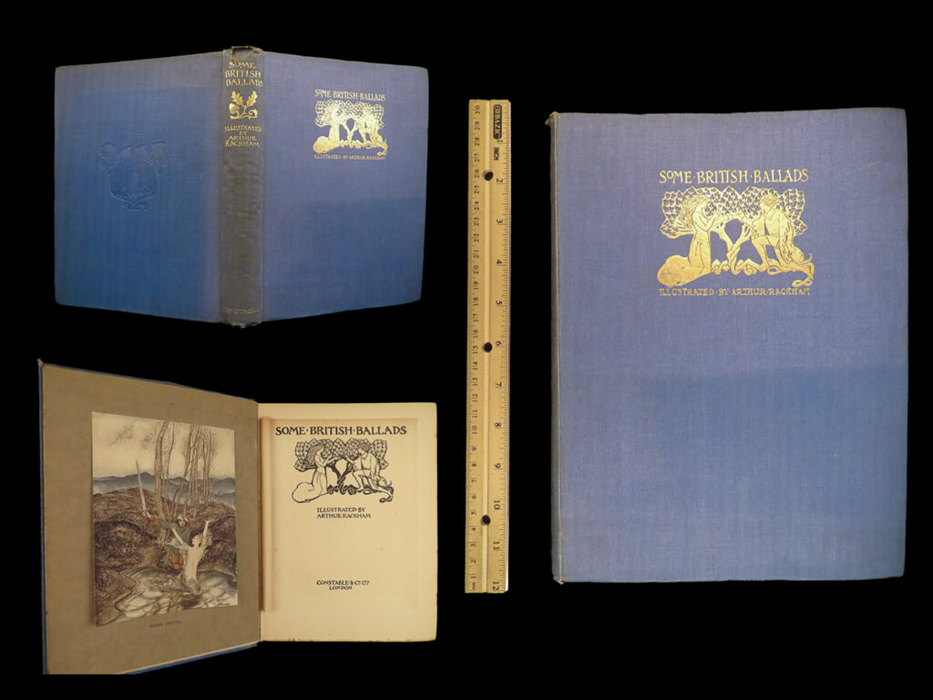 1919 arthur rackham art 1ed some british ballads francis james child clerk colvill | “<em>some british ballads</em>” is a 1919 collection of verses and narratives, primarily sourced from francis james child’s “<em>the english and scottish popular ballads</em>. ” the compilation features timeless ballads such as ‘clerk colvill,’ ‘the lass of lochroyan,’ ‘the twa corbies,’ ‘get up and bar the door,’ ‘the old cloak,’ and ‘proud lady margaret,’ among many others.   however, what truly sets this first edition apart is the inclusion of stunning color and black-and-white illustrations by arthur rackham, celebrated artist from the british golden age of illustration. Rackham’s unique style combines haunting humor and dream-like romance, adding depth and enchantment to these traditional ballads. His unparalleled artistry not only enhances the reader’s experience but also preserves the charm and allure of these timeless stories for future generations.