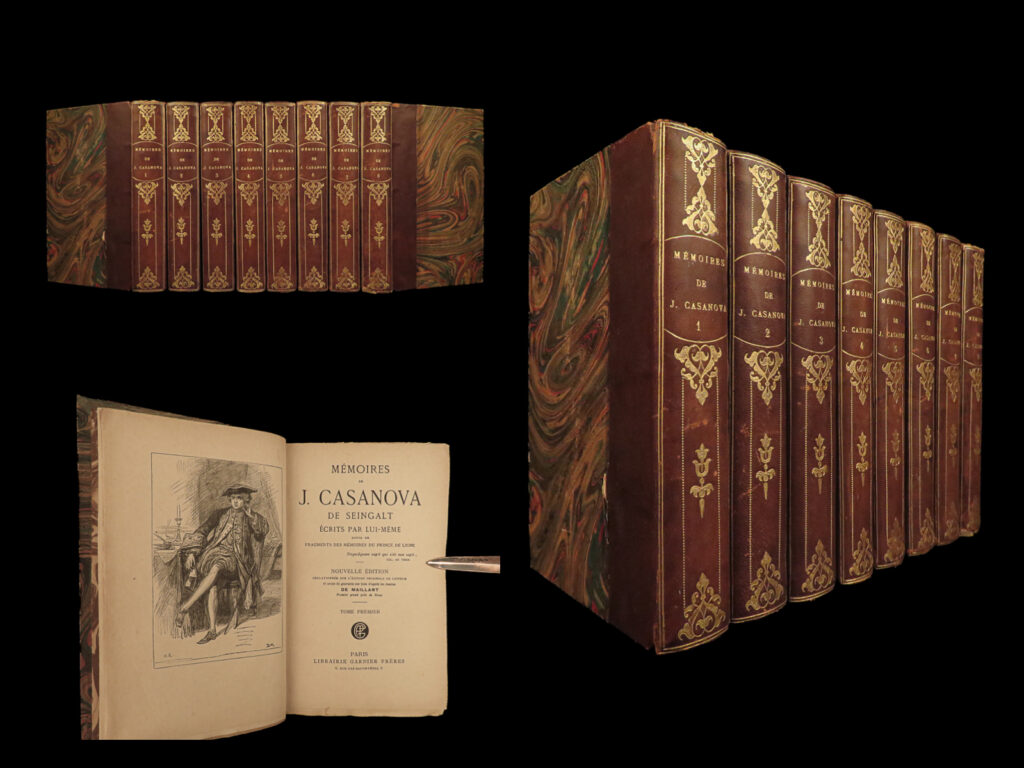 1880 giacomo casanova memoirs social libertine adventures sexuality italy 8v | chevalier de seingalt, better known as giacomo casanova, was an 18<sup>th</sup>-century italian author best known for his memoirs, “<em>story of my life”. </em> according to zweig, casanova’s memoirs are considered “the most authentic and provocative source of information about the customs and norms of european social life during the 18<sup>th</sup>-century. ” this book helped establish his reputation as a womanizer, which, today ‘casanova’ is still synonymous with such a disposition. However, in addition to meeting women, casanova describes his political and social encounters with popes and european royals like catherine ii and frederick of prussia as well as prominent figures such as voltaire and rousseau.   this french edition was published in paris in eight, decorative leather tomes. A fine display!