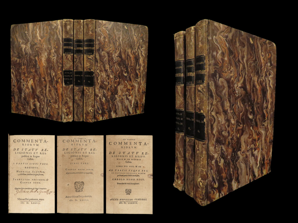 1577 1ed kings of france henry ii charles ix catherine medici catholic serres 3v | jean de serres was a 16<sup>th</sup>-century french historian best-known for his histories of the 16<sup>th</sup>-century kings of france. His commentary on the lives of henri ii, francis ii, and charles ix outlined the impact of the catholic persecution of protestants, the wars in italy in 1550s, the french diplomatic endeavors in italy, and the correspondence with the powerful medici family. This first edition of serres’ final work includes his commentary on each of the first three kings of 16<sup>th</sup>-century france.