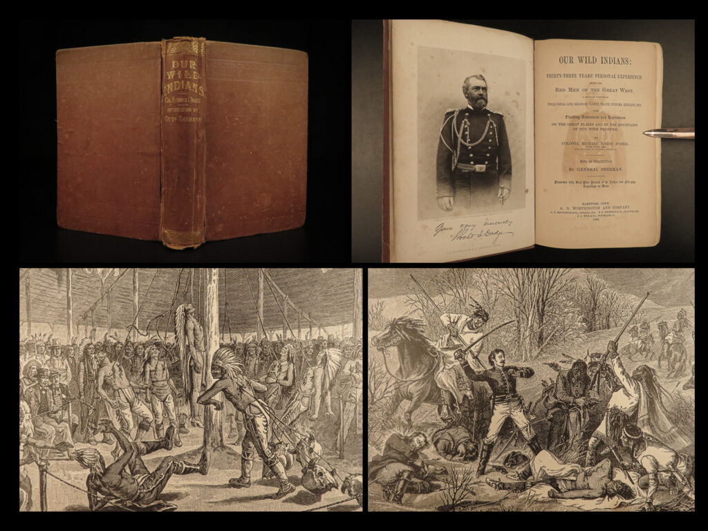 1883 our wild indians native american tecumseh sherman scalping sioux apache | ‘<em>our wild indians</em>’ is a fascinating late 19<sup>th</sup>-century account of the lives and customs of native american indians written by richard dodge, a military aide to general sherman. This book is a broad discussion of practices and lifestyles witnessed by american military figures such as: <ul> <li><strong><u>self-torture and scalping</u></strong></li> <li>stagecoach ambushes</li> <li>mysterious indian medicine and sacred rituals</li> <li>descriptions of indian teepees</li> <li>gambling and drunkenness in indian cultures</li> </ul>   dodge outlines the differences between the customs of the ‘white man’, and those of the apache, sioux, cheyenne, arapahoe, kiowa, and comanche people. William tecumseh sherman supplemented this first edition with an introduction, giving authority to the work and descriptions of indians.