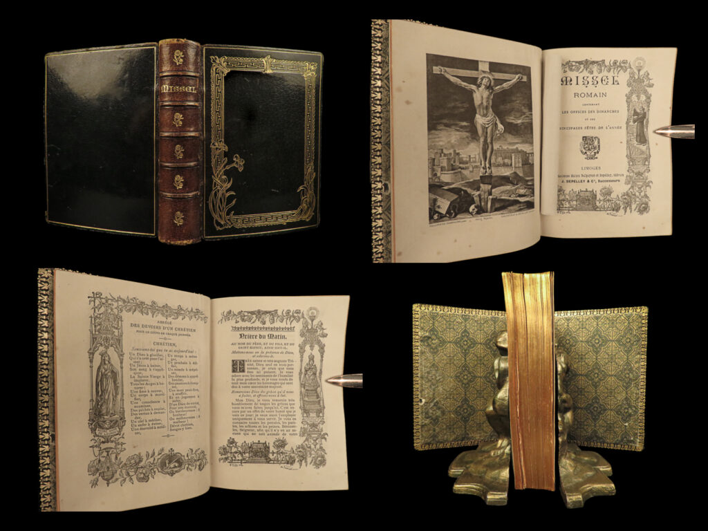 1890 beautiful roman catholic missal bible prayers liturgy limoges fine binding | an incredible and rare 19<sup>th</sup>-century roman catholic missal. This work, an absolutely beautiful tome in itself, was published in limoges by dalpayrat and depelley. Each page features an illustrated border around the prayers and liturgies. <strong><u>stunning</u></strong>!