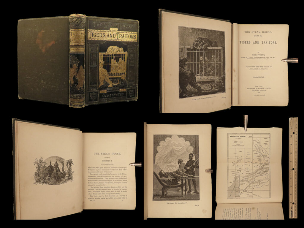 1881 jules verne steam house end of nana sahib steampunk india tigers & traitors | <u>the work that helped establish the ‘steampunk’ movement! </u>   much more so known for his popular titles, such as “<em>20,000 leagues</em>” and “<em>around the world</em>,” this jules verne novel has a much smaller, but loyal cult following. “<em>the steam house</em>” takes place in the aftermath of the indian rebellion from 1857, but the novelty ensues as the story revolves around a huge steam-powered mechanical elephant! This work has been known by its alternate titles including “<em>the end of nana sahib</em>,” however, this edition of the second part uses the more traditional title, <em>‘tigers and traitors</em>’.