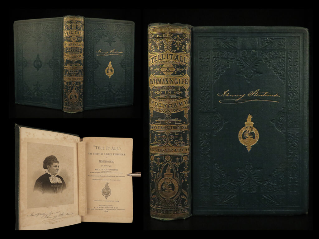 1874 1ed mormon tell all stenhouse mormonism utah polygamy mountain meadow lds | ‘<em>tell it all’</em> is a rare, first person account of the life of those living in mormonism. Thomas stenhouse and family were against polygamy and were eventually excommunicated from the lds church. Stenhouse’s wife, fanny, includes a full account of the mountain meadows massacre, the life, confession, and execution of bishop john d lee, and much on the utah, and brigham young with the issues of sexual and social customs!   this 1874 first edition includes 27 illustrates black and white plates throughout!