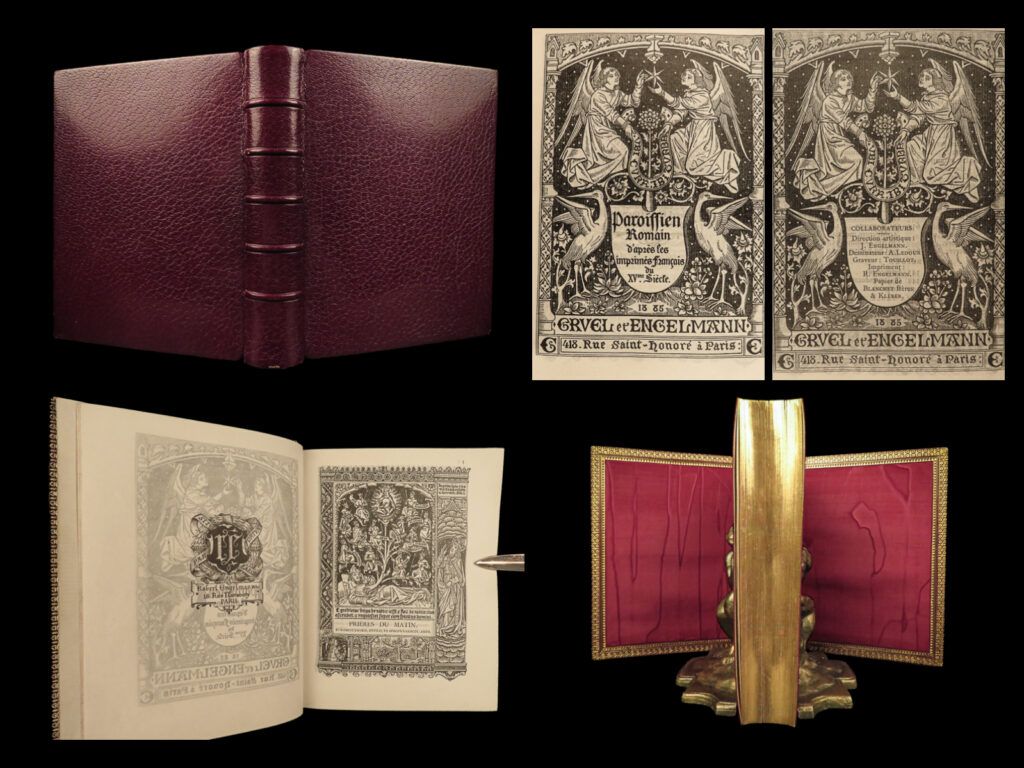 1885 exquisite fine binding catholic bible prayers gruel parishioners romain | a stunning 19<sup>th</sup>-century book of catholic liturgy printed in paris. This incredible book contains various catholic services of sundays and feast days of the year. While other 19<sup>th</sup>-century books on catholic rites and liturgy are available, few are as beautiful as this example. Published in paris by gruel and engelmann, this edition is beautifully bound in decorative leather with gold-gilt fore-edging with a hidden decorative design.