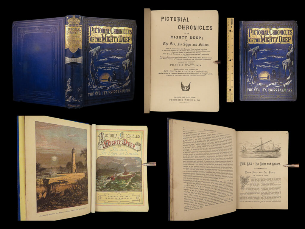 1885 famous voyages cleopatra capt cook francis drake marco polo illustrated | “<em>pictorial chronicles of the mighty deep</em>” is a rare, 19<sup>th</sup>-century history of all of the world’s most important sea voyages and expeditions. As expected, this book contains descriptions of: <ul> <li>voyages of cleopatra</li> <li>saxon invasion of england</li> <li>marco polo voyages</li> <li>prince henry the navigator discoveries</li> <li>francis drake and tobacco smoking</li> <li>anson’s voyage around the world</li> <li>captain cook voyages</li> <li>nelson’s battles and naval attacks</li> <li>paul jones naval service to the americans</li> </ul>   see the photo of contents for a full list, as well as a list of the dozens of impressive engravings throughout!