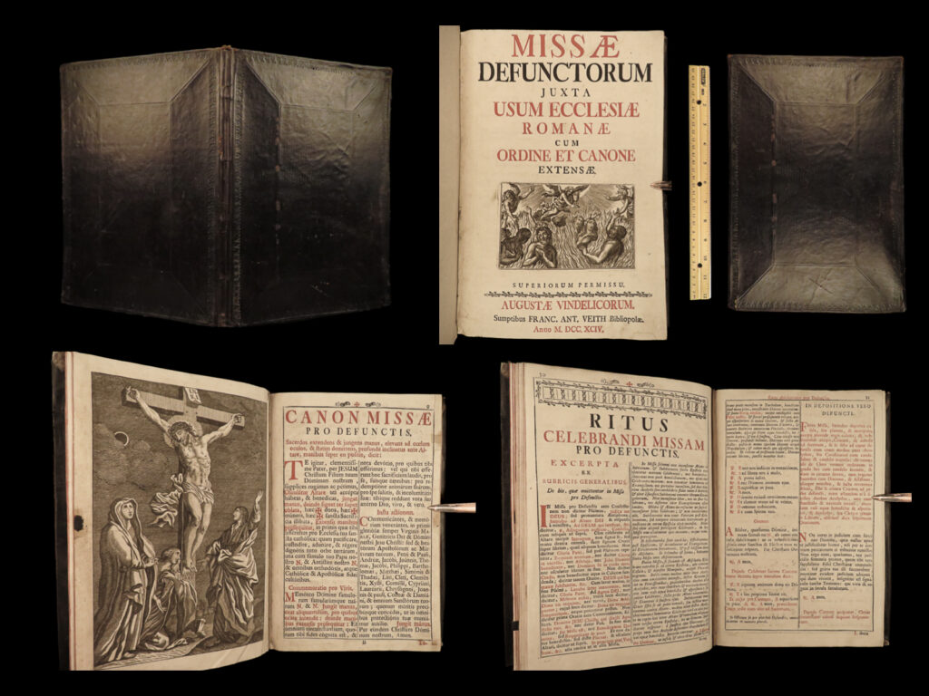 1794 requiem mass rare folio missa defunctorum catholic church music chant hymns | the requiem mass, or missa defunctorum, is one of the most important mass ceremonies of the catholic church – a funeral ceremony celebrating the soul of the deceased filled with chants, hymns, prayers, and illustrations. This 18<sup>th</sup>-century bassano, venice edition contains square-note chant, hymns, prayers, and liturgies. A large folio printed in 1794.