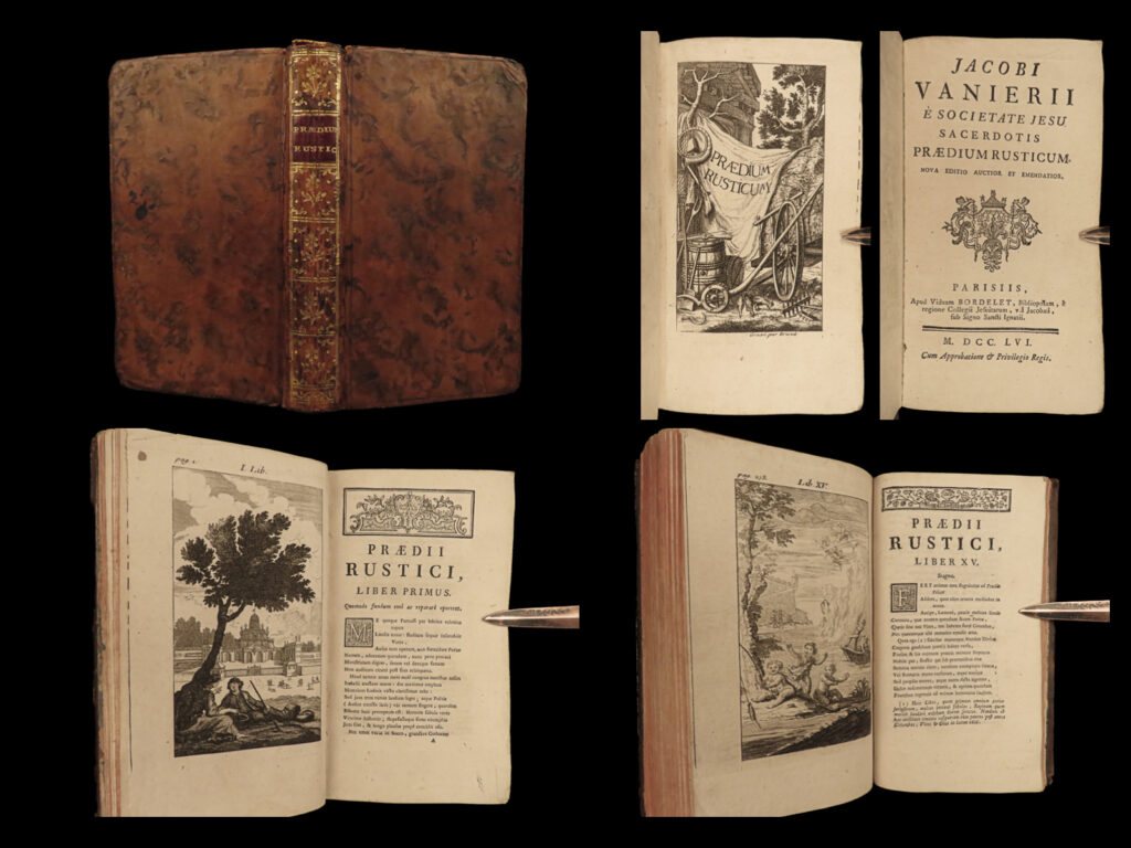 1756 beekeeping husbandry praedium rusticum art pastoral poems jesuit vaniere | a rare 1756 edition printing of jacob vaniere’s “<em>praedium rusticum</em>” – a collection of pastoral poetry on agriculture and rustic living. Vaniere reflects on animal husbandry, arboriculture, bee-keeping, raising rabbits and poultry, and the keeping of country sides. This edition features <u>16 fine full-page engravings</u> depicting these aspects of rural life.   vaniere was a 17<sup>th</sup>-century jesuit poet whose poetry was often reprinted throughout the 18<sup>th</sup>-century.