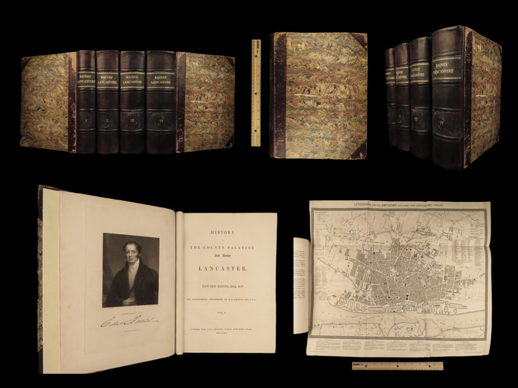 1836 1ed lancashire lancaster england 124 maps plates folklore pendle witches | edward baines’s “<em>history of lancashire</em>” is a vast collection of articles, essays, and histories of the county of lancashire in england. As a native of lancashire, baines was quite familiar with lancaster and many of the other surrounding villages in lancashire and with this extensive experience writing english histories, he looked success with a history of his home.   published under the title “<em>the history of the county palatine of lancaster</em>”, this work features four massive tomes containing the earliest history of lancashire during roman and saxon reigns, william the conqueror in lancaster, and countless other topics.