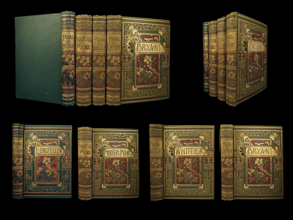 1884 beautiful victorian poetry collection whittier bryant longfellow procter 4v | <strong>1884 beautiful victorian poetry collection whittier bryant longfellow procter 4v</strong> <em> </em>this curated collection features four victorian-era poetry volumes by esteemed 19th-century poets, each beautifully bound and adorned with illustrations. Included are henry wadsworth longfellow’s <em>voices of the night: ballads and other poems</em> (1888), adelaide a. Procter’s <em>the poems of adelaide a. Procter</em> with an introduction by charles dickens (1884), john greenleaf whittier’s <em>poems</em> (circa 1880), and william cullen bryant’s <em>poems</em> (circa 1880), which contains 12 full-page illustrations. <strong>notably, the bryant volume includes a photograph of the poet by renowned photographer jeremiah gurney! </strong> item number: #22360 price: $499