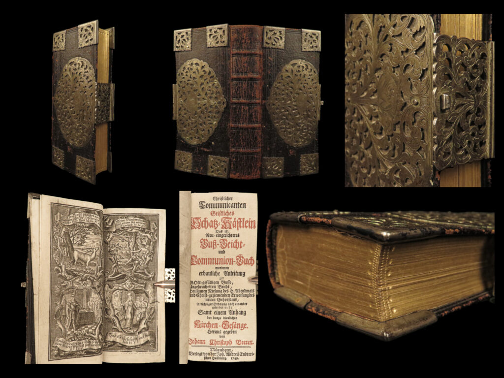 1749 exquisite silver clasp fine binding german art beer bible schatzkästlein | a rare, 18<sup>th</sup>-century german devotional from johann christoph beer. “<em>christlicher communicanten geistliches schatzkästlein</em>”, a curiously thin shaped tome, is filled with prayers, liturgies, confessions, and devotions. Note that this volume includes a functioning brass clasp as well as decorative brass corners.  