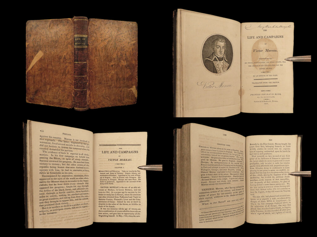 1806 campaigns victor moreau french revolution napoleon bonaparte italy english | jean victor moreau was an 18<sup>th</sup>-century french military officer known for his role in helping napoleon gain political and military prominence. Moreau commanded french forces during the french revolutionary wars, particularly the army of italy. However, moreau would begin to disagree with napoleon so much so that he would be banished from france and settle in america.   moreau wrote his own autobiography describing his military campaigns and interactions with napoleon. This 1806 english translation of moreau’s “<em>life</em>” was translated by john davis published in new york by bliss.