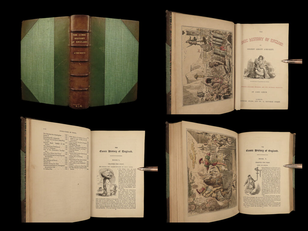 1850 comic history of england leech color illustrated literature victorian art | john leech was a staff artist for "<em>punch</em>" from its early issues in 1841. Gilbert abbott a'beckett (1811-1856), was one of the original staff members for "<em>punch</em>," and a frequent contributor to the "<em>illustrated london news</em>. " he was also selected by charles dickens to dramatize the "<em>chimes</em>" and other works. This ‘<em>comic history of england</em>’ is a satire against the society with the history of england as a backdrop. <em> </em> this undated mid-19<sup>th</sup> century edition is illustrated with 20 colored steel engravings and 200 in-text woodcuts by john leech. <em> </em>