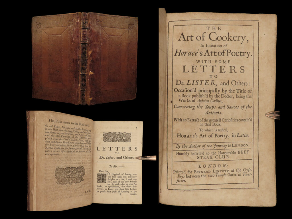 1708 english 1ed art of cookery satire humor recipes food cuisine cooking health |   william king’s “<em>art of cookery</em>” is a rare, early 18<sup>th</sup>-century satire written in the style of horace’s “<em>ars poetica</em>”. Written in a mixture of both english and latin, is a poetical ode to cookbooks of the era which <strong>includes real recipes, some bizarre and outlandish. </strong>